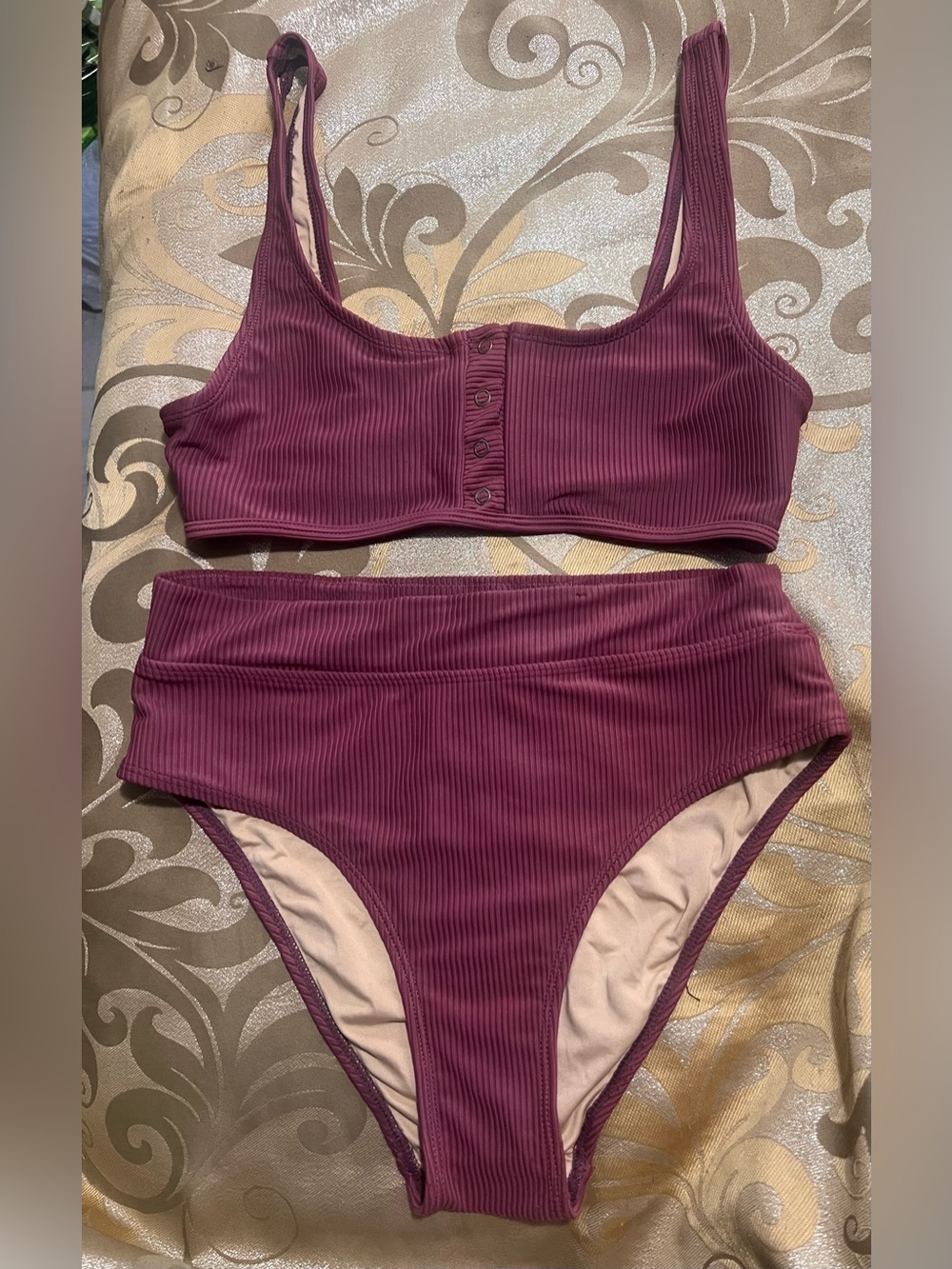 Cotton On Body Ribbed Henley Bikini Set Plum Mauve Size S